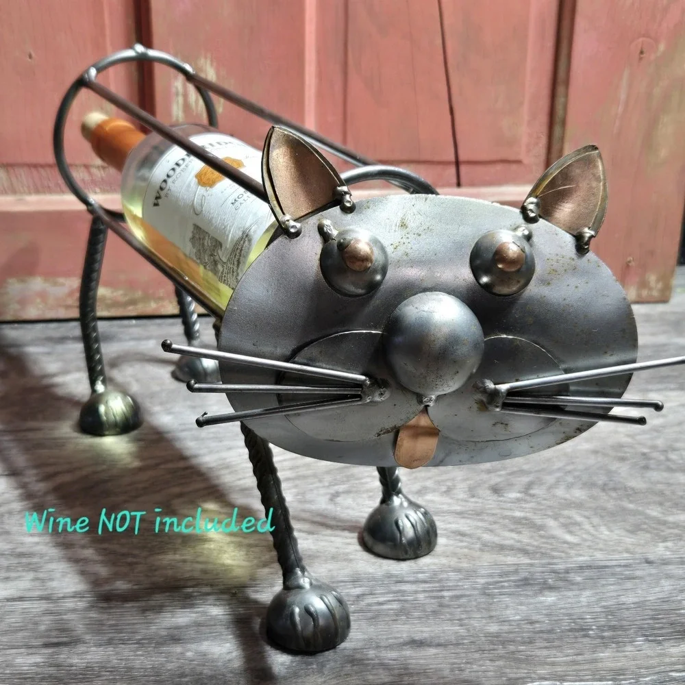 Metal‎ Art Wine Bottle Holder Cat Freestanding Kitten Four Legs Unique No Tail